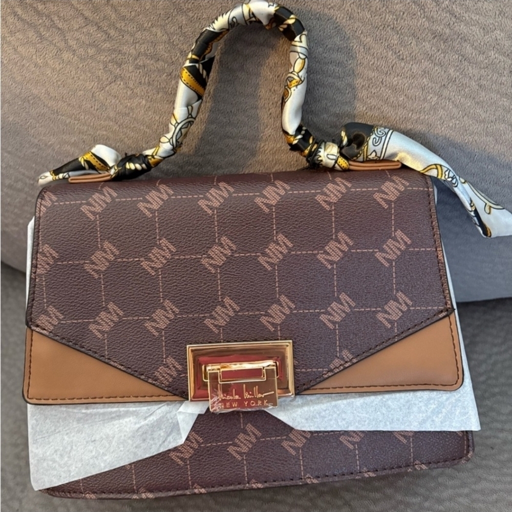 Nicole Miller New York Brown Monogram Shoulder Strap 10x2.5x 7.5 Bag NWT